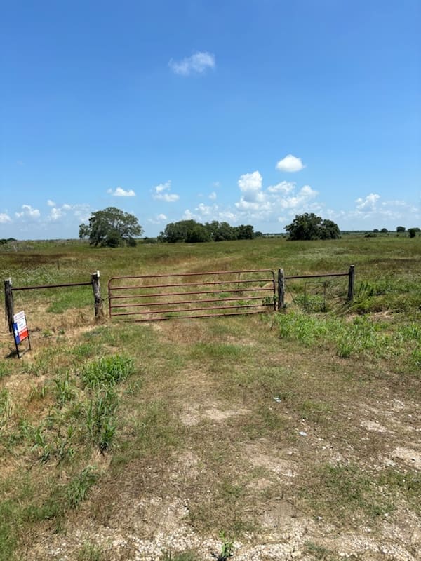 A field with trees and grass behind it